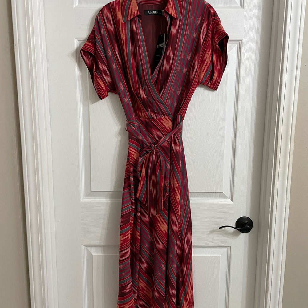Lauren Ralph Lauren Red Geo Striped Midi Dress